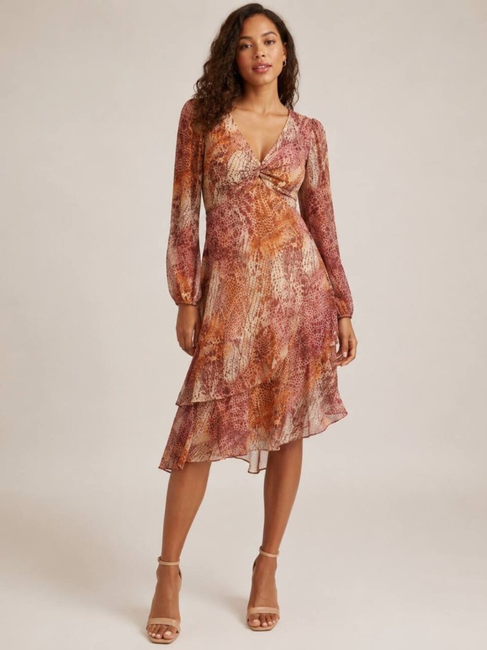 NWT SIENA Printed Burnout Snakeskin Asymmetrical Long Sleeve Dress Size 10